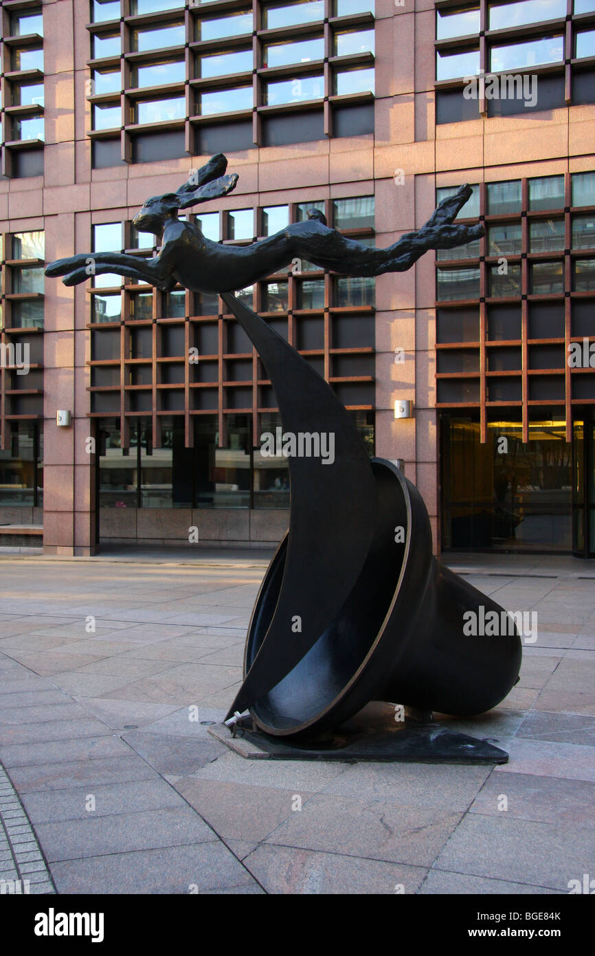 One of Barry Flanagan`s classic Hare sculptures, this particular work is at Broadgate Circus in the City of London, England. Stock Photo